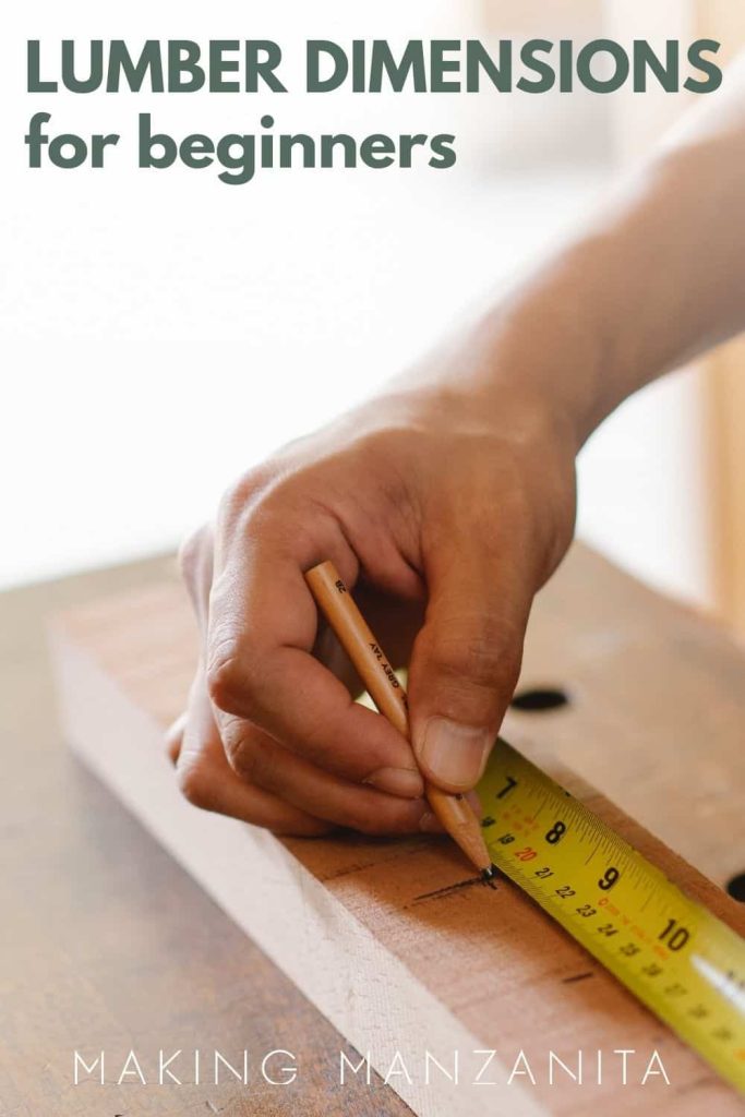 Hand making a mark on a piece of wood with a pencil next to a tape measure with text overlay that says lumber dimensions for beginners 