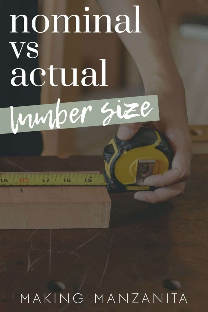 shows someone measuring a piece of wood with overlay text that says nominal vs actual lumber size