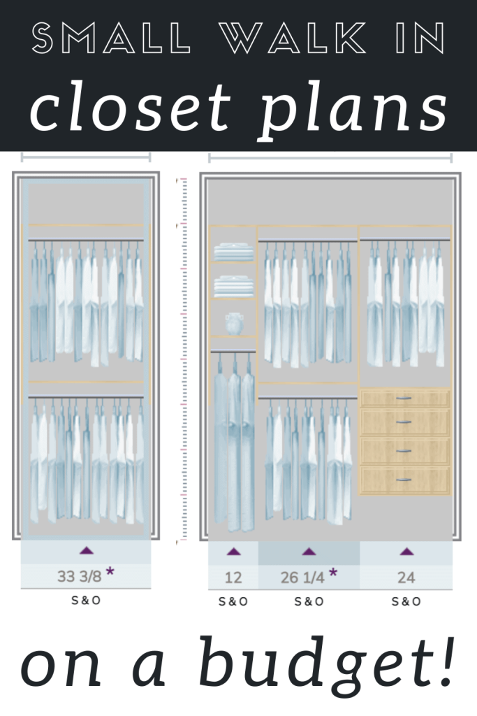 An image shows two digital graphics detailing our walk-in closet makeover plans, with diagrams and measurements for the new closet organization system. Text across the top of the image reads "small walk-in closet plans"