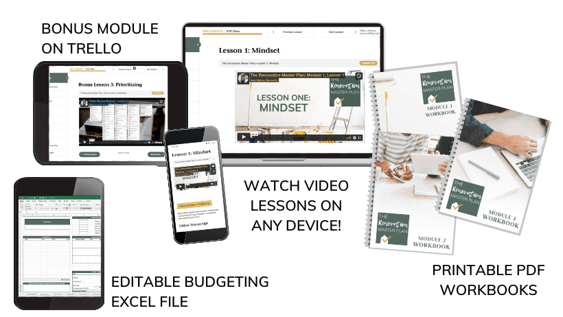 Mockups showing The Renovation Master Plan course materials with laptops, workbooks and tablet screens with text overlay that says bonus module on trello, editable budgeting excel file, watch video lessons on any device, and printable PDF workbooks