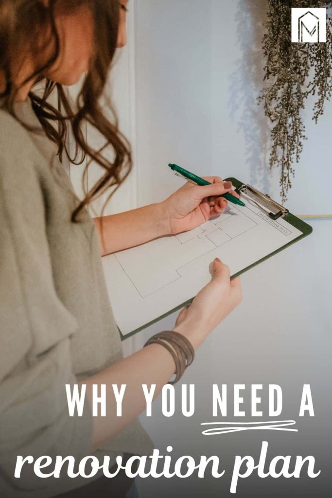 Woman marking a interior floor plan on a paper on clipboard with text overlay that says why you need a renovation plan