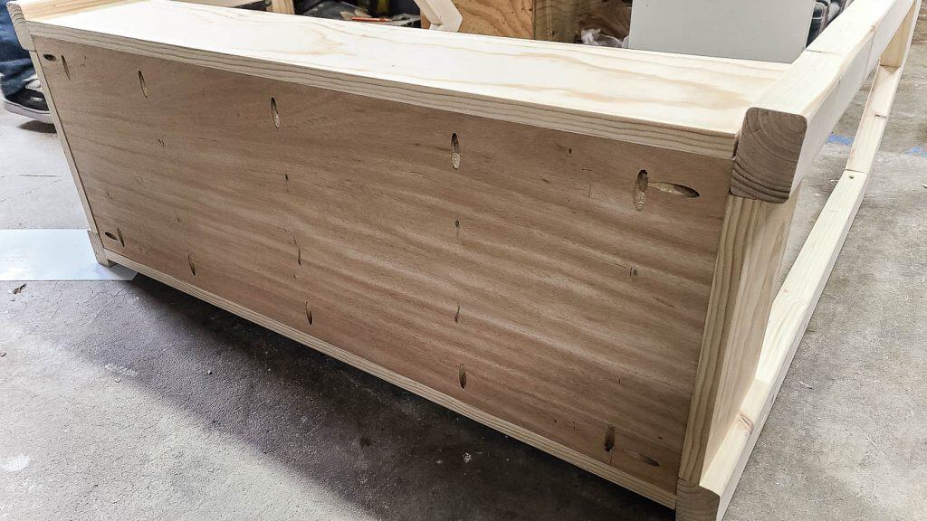Bottom view of panel for the dress up storage rack with pocket hole joinery
