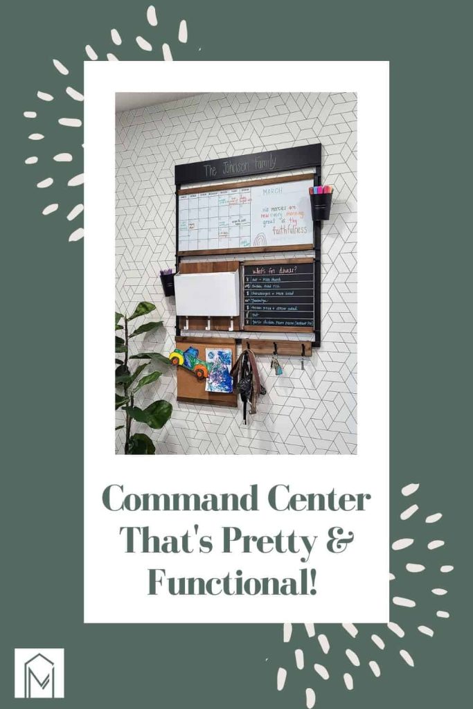 An image of a functional family command center hanging on the wall, including a whiteboard calendar, a chalkboard for memos and notes, a mail holder, pinboard, and hooks for keys. The image has a sage green and white border and text that says "Command Center That's Pretty and Functional!"