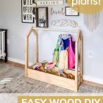 Side view of the diy wooden kids dress up storage with costumes and accessories below the boho farmhouse decor with text overlay that says easy wood diy dress up storage with free plans