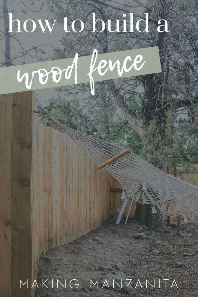 shows a wood fence with a tree and hammock with overlay text that says how to build a wood fence