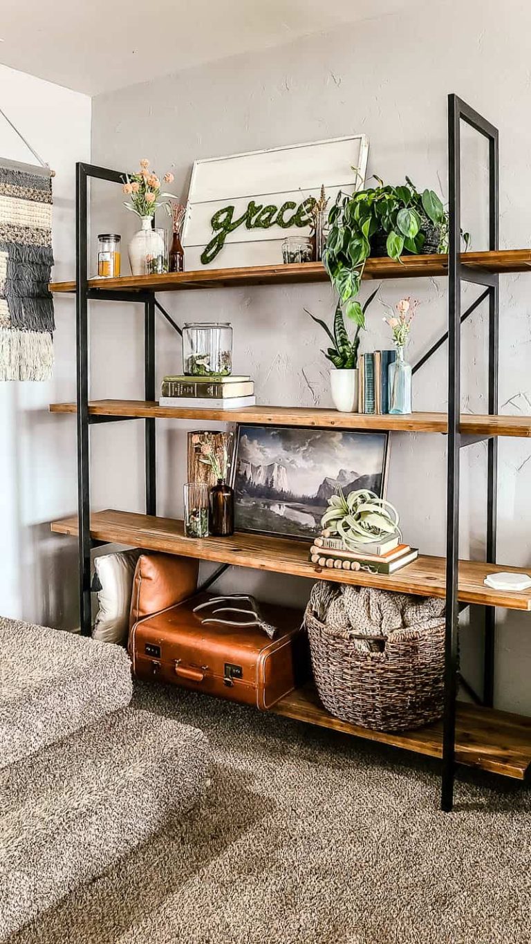 Spring Living Room Decor on Shelves with Moss Vase and Vintage Books