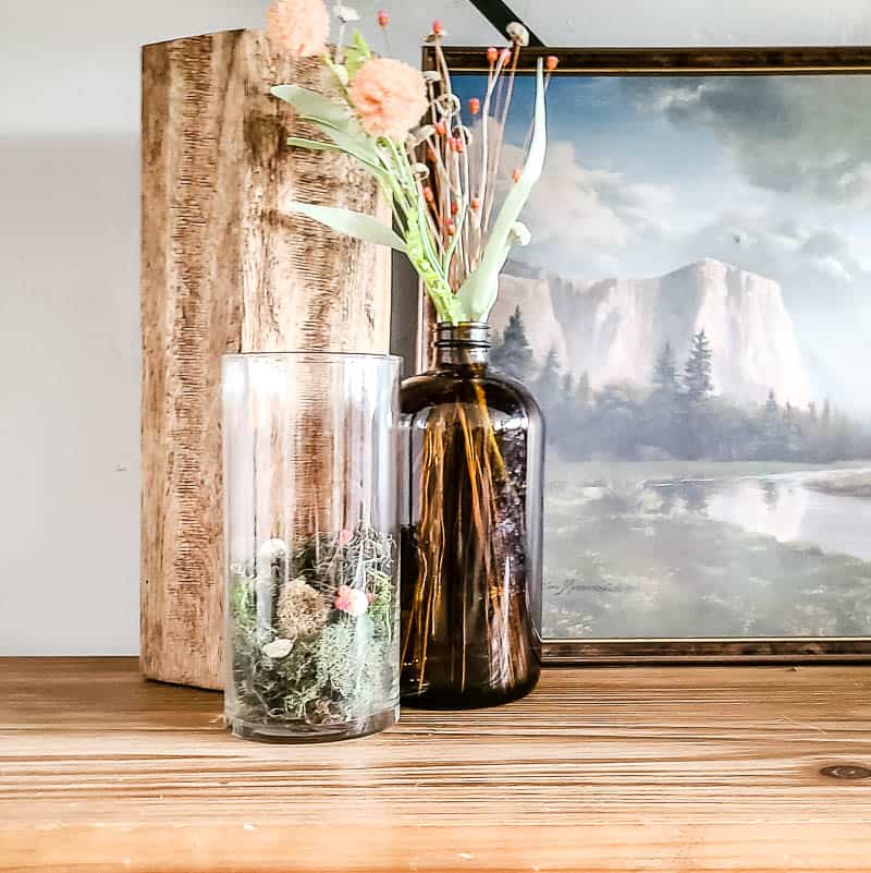 A group of glass vases filled with rocks, moss, and dried florals, arranged next to a scenic mountain painting.