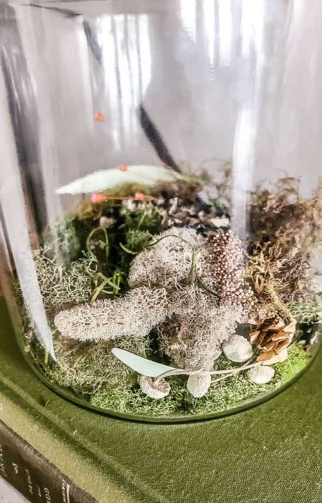 A close up image of a glass vase filled with faux moss and stones.