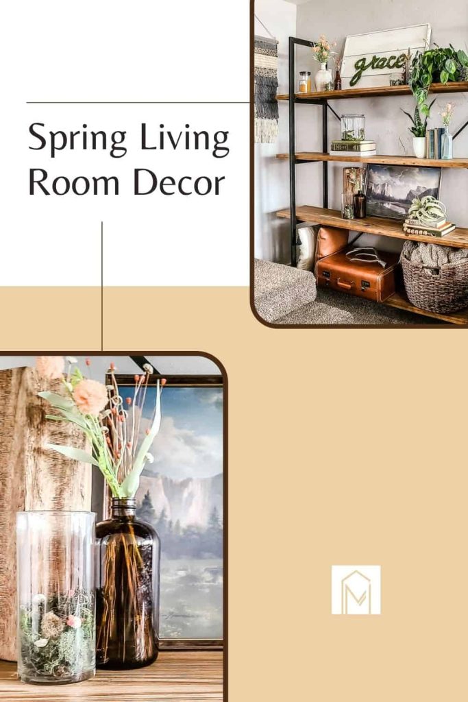 A collage of two images showing a bookshelf decorated with boho style Spring decor. Text across the image reads "Spring living room decor"