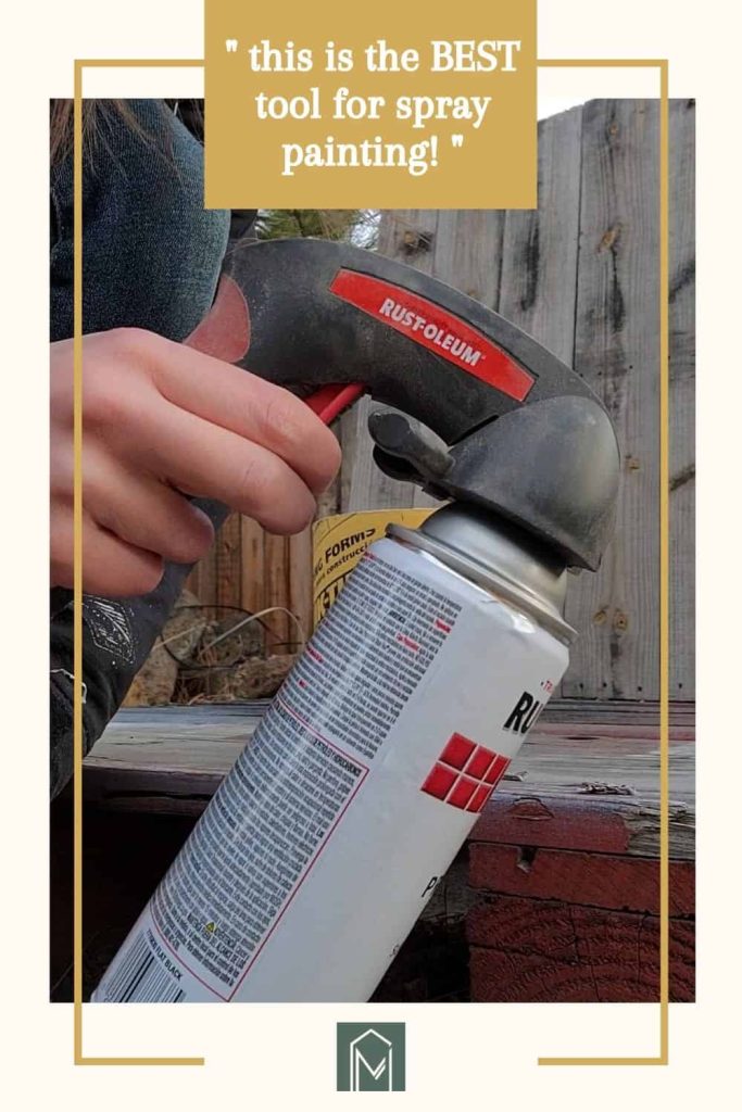 Hand holding a spray paint with text overlay that says this is the best tool for spray painting! and making manzanita logo