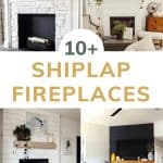 Grid of fireplaces with text overlay that says 10+ Shiplap Fire Places