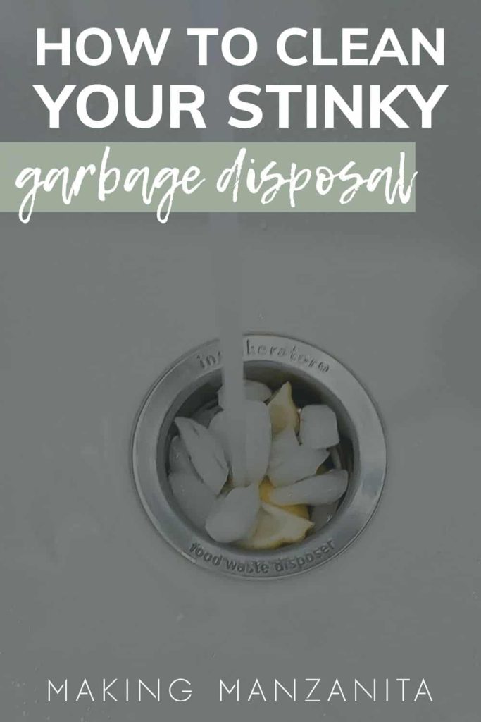 An image shows a grayed-out background image of lemon slices and ice cubes sitting in a garbage disposal drain. Text across the top of the image reads "how to clean your stinky garbage disposal"