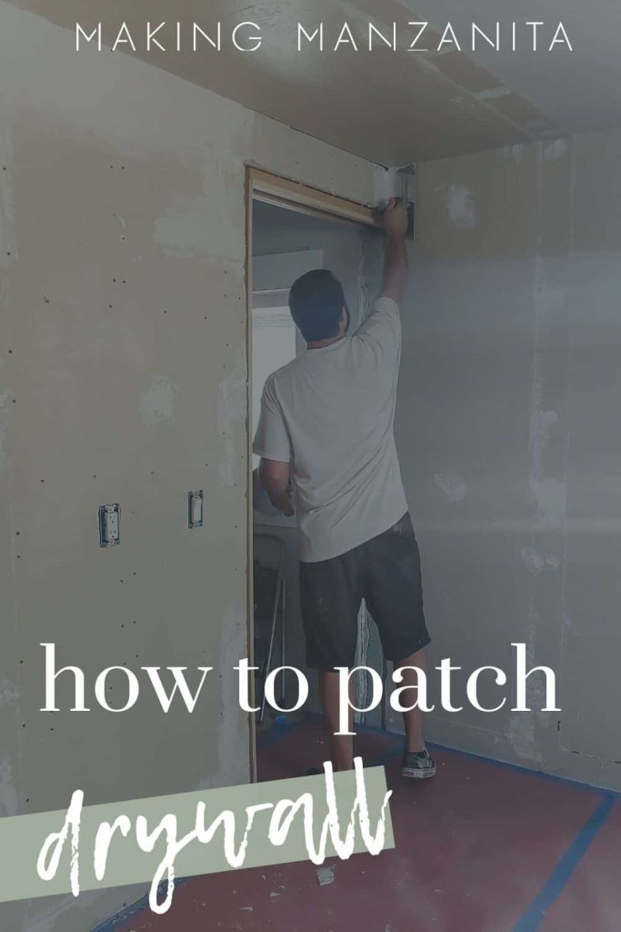 Man adding texture to rough drywall that has been patched and repaired with text overlay that says how to patch drywall