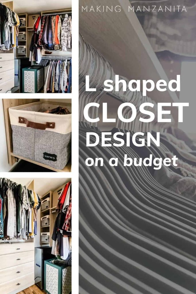 Collage showing master closet space with text overlay that says l shaped closet design on a budget