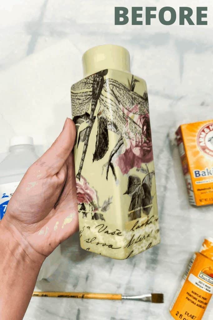Woman holding a floral vase and paint materials at the background before the makeover