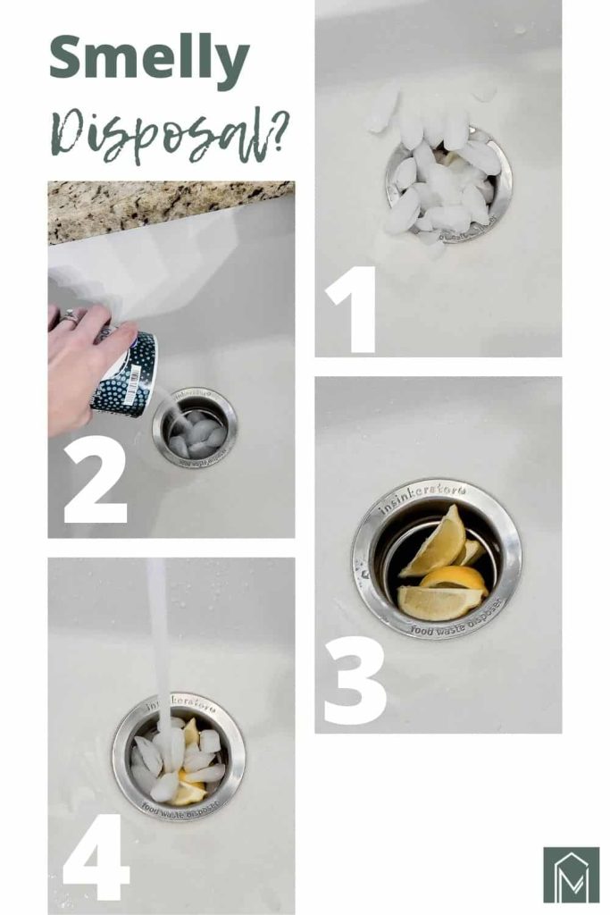 A large collage of numbered images shows the steps involved in cleaning a stinky garbage disposal with ice, salt, lemon, and water. Text in the top left corner of the image reads "smelly disposal?"