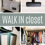 Grid of closet storage and accessories in budget friendly master closet makeover with text overlay that says walk in closet
