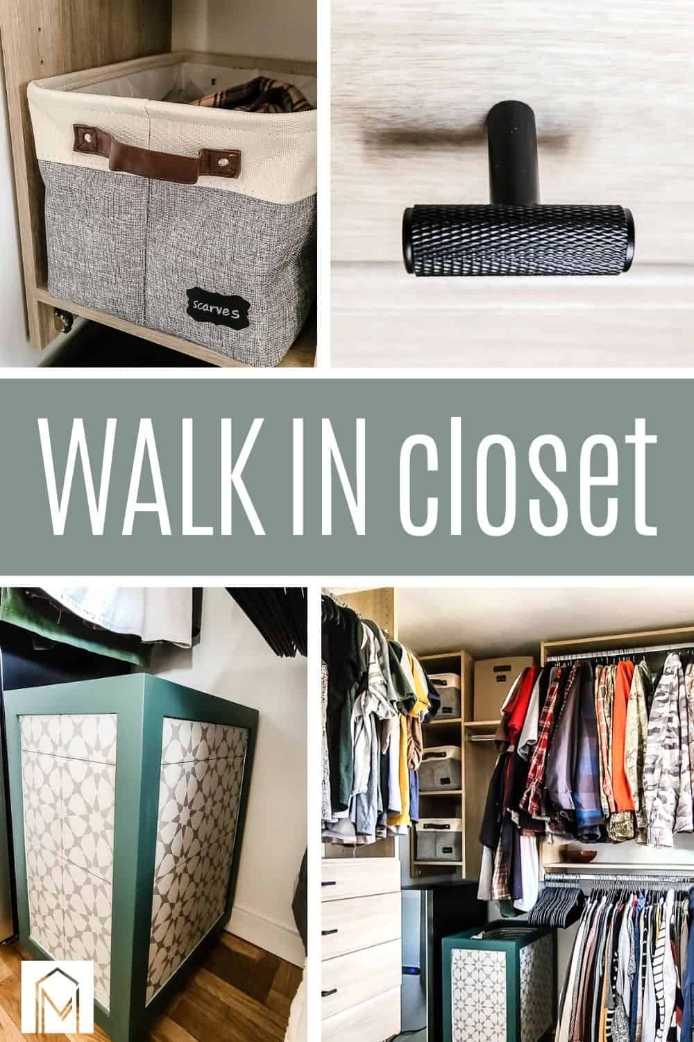 Grid of closet storage and accessories in budget friendly master closet makeover with text overlay that says walk in closet