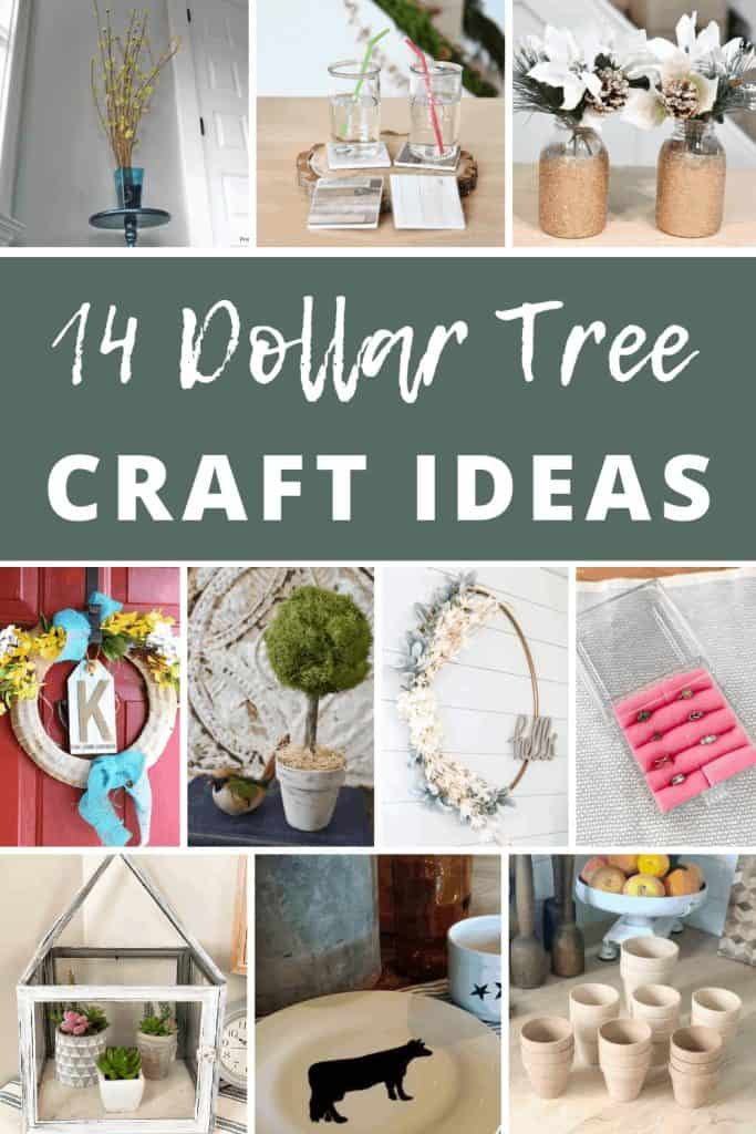 10 grid of different crafts with text overlay that says 14 dollar tree craft ideas