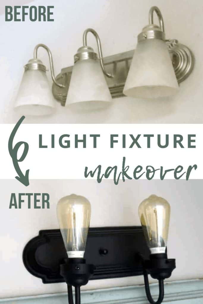 Before and after of the bathroom vanity light fixture spray paint makeover with text overlay that says light fixture makeover
