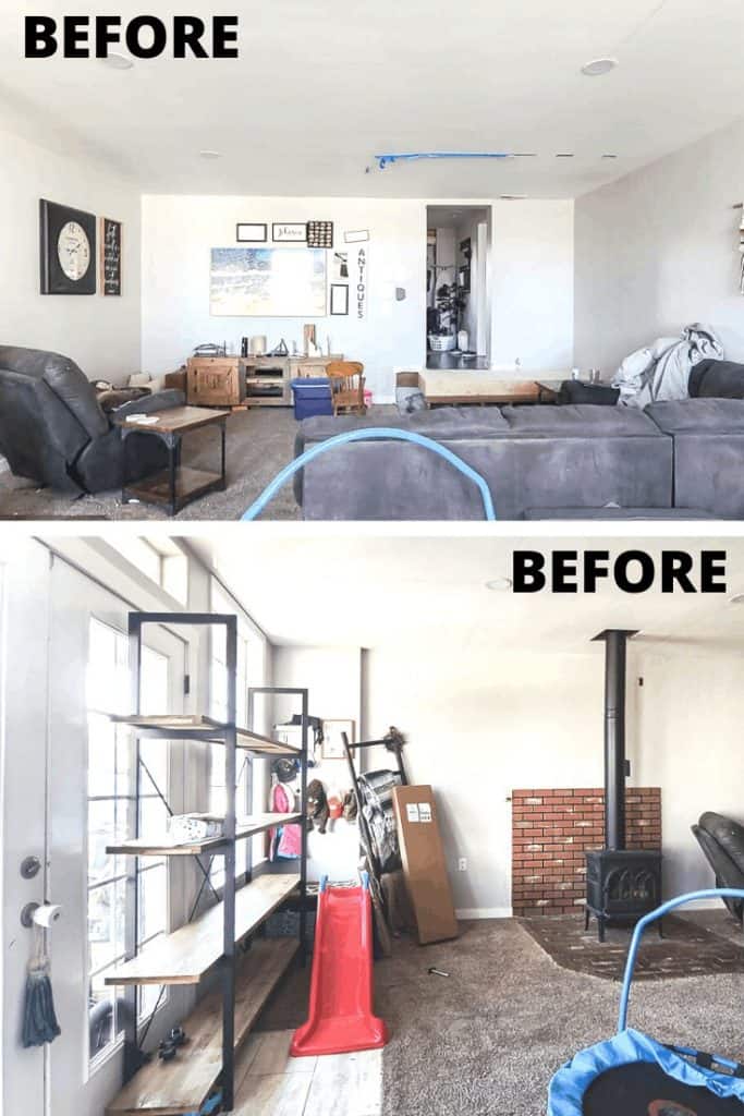 Two images showing the cluttered living room decor. The top image shows a few of the living room from behind a couch, looking at a white gallery wall, seating area, and entertainment center. The bottom image shows industrial style shelving, kids toys, and the freestanding gas fireplace.