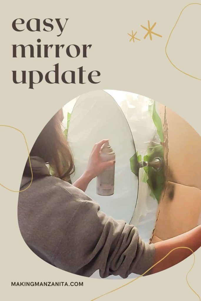 Woman spraying black spray paint on holder for wall mounted mirror with text overlay that says easy spray paint mirror update