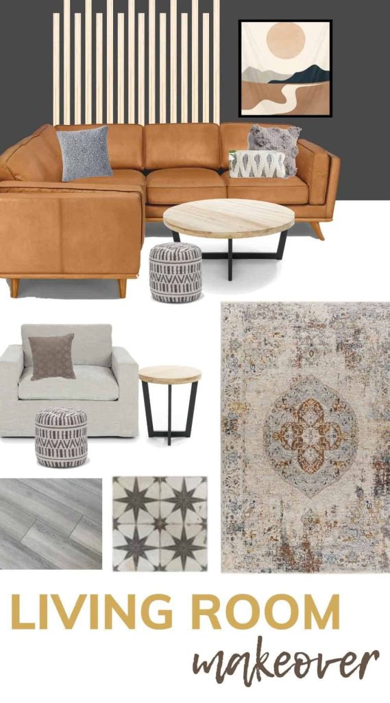 An image collage of different modern bohemian style home decor pieces, including a caramel colored leather sectional couch, end tables, wall decor, rugs, and flooring. Text across the bottom of the image says "living room makeover"