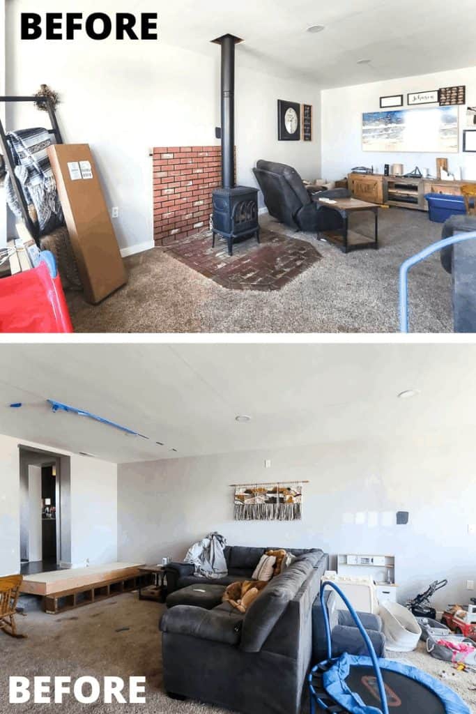 Two images showing a cluttered living room filled with furniture; a freestanding gas fireplace surrounded by boxes and renovation equipment, and a sectional sofa, kids play area, and hanging wall decor.