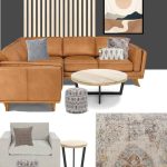 living room furniture and decor laid out like a mood board to go together in a room with an article timber sectional, wood slat accent wall, boho rug, dark gray walls, abstract mountain tapestry art, large gray arm chair with text overlay that says modern boho living room