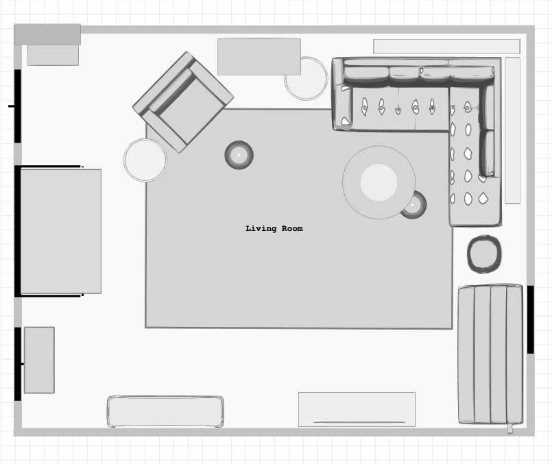 A digital floor plan detailing the layout of a rectangular living room design, with elements like seating, flooring, and room entry ways noted on the plan.