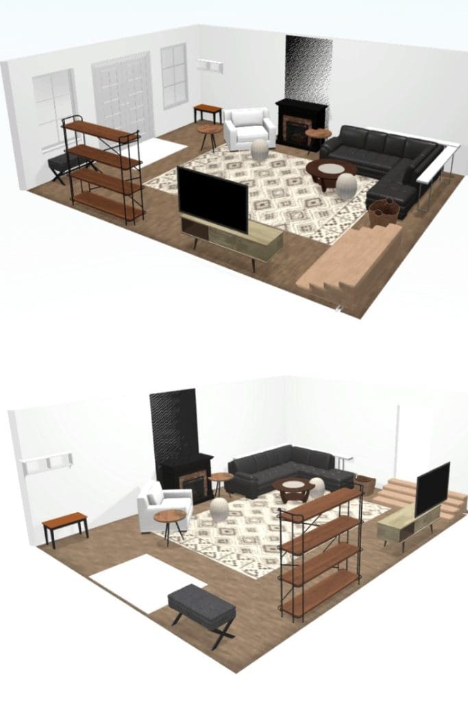 Another angle of the 3D rendering showing a rectangular living room layout, with digital 3D images of furniture, seating and carpeting.