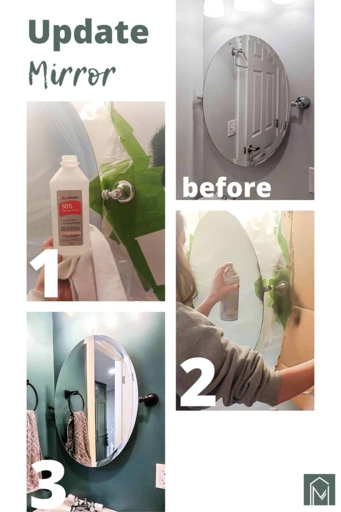 Grid of update bathroom spray paint mirror process with text overlay that says update Mirror