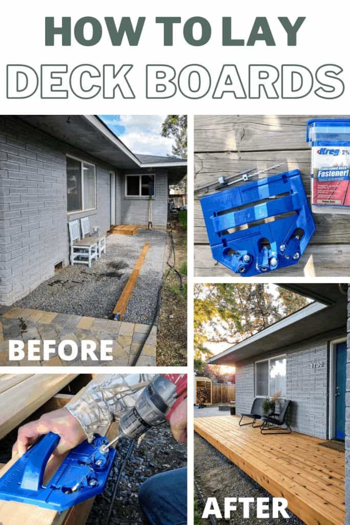 Collage of backyard before wood deck installation with kreg jig and screws, man holding kreg jig laying deck boards and after the installation of wood deck in the backyard with text overlay that says how to lay deck boards