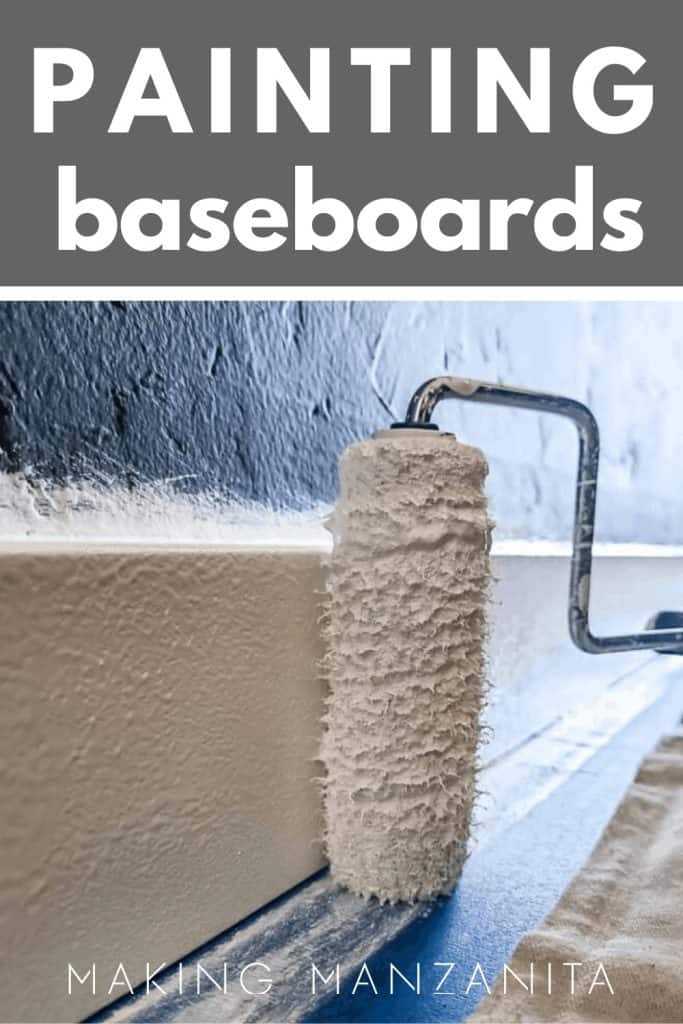 Roller paint brush painting the trim white with text overlay that says painting baseboards