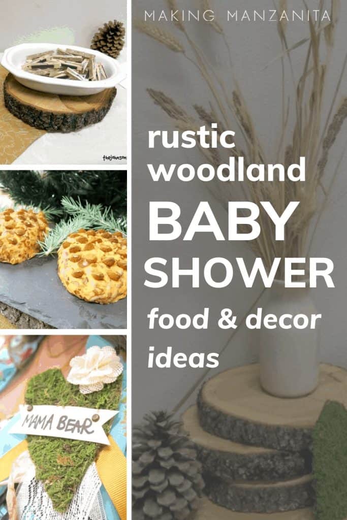 Grid of table decor, acorn cookies, mama bear name tag with text overlay that saysrustic woodland baby shower food and decor ideas