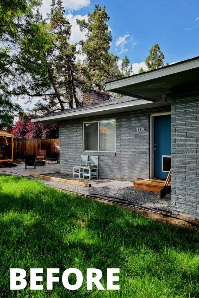 Before of the backyard showing the back door, wooden step, window and two wooden chairs