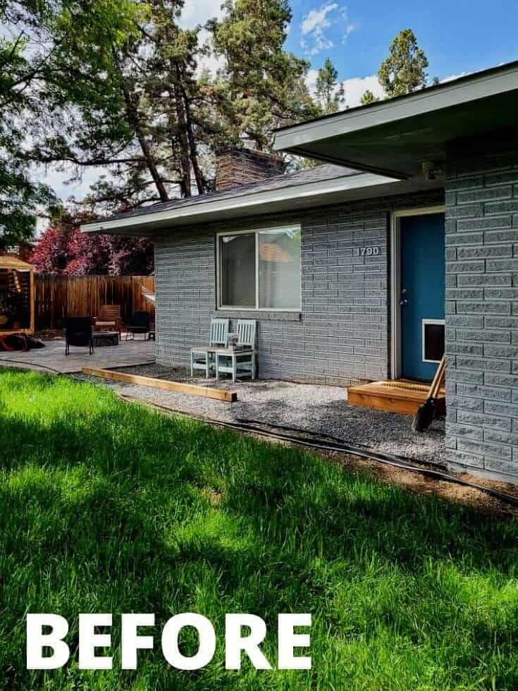 View of the old deck with concrete and gravel flooring with text overlay that says before 