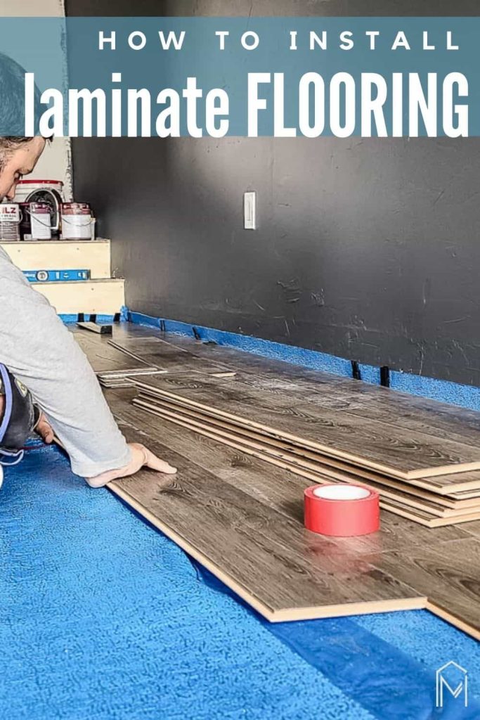 Man sitting on the floor attaching laminate floors  on top of underlayment with text overlay that says how to install laminate flooring