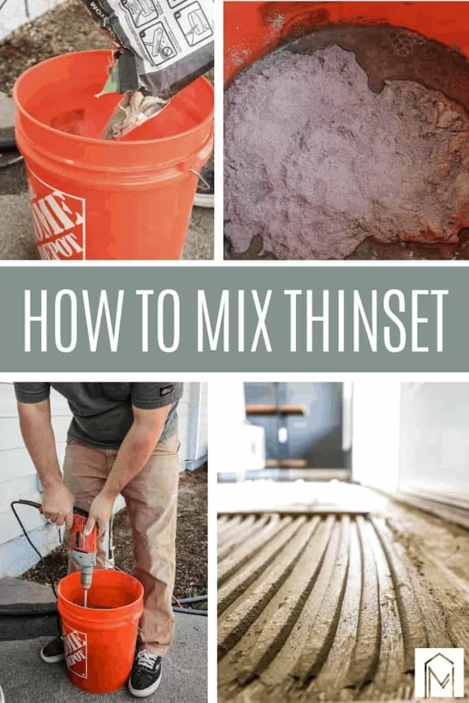 Grid of thinset mixing process with step by step images with text overlay that says how to mix thinset