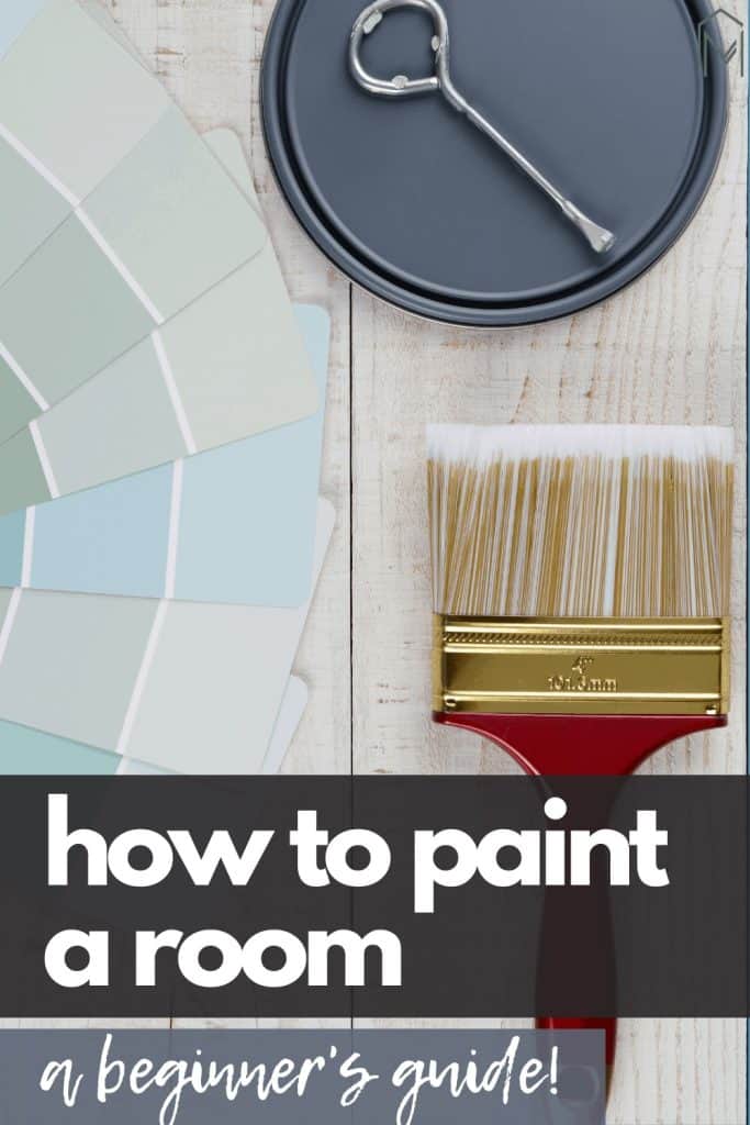 Color pallets, paint brush and paint in can with text overlay that says how to paint a room a beginner's guide