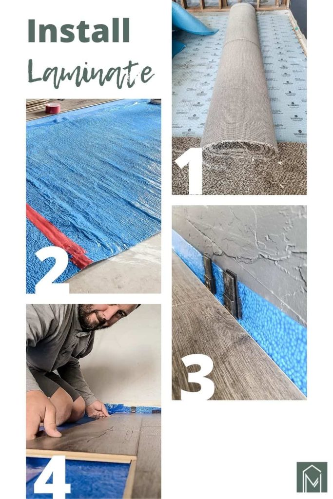Laminate flooring installation 1 to 4 steps with text overlay that says install laminate