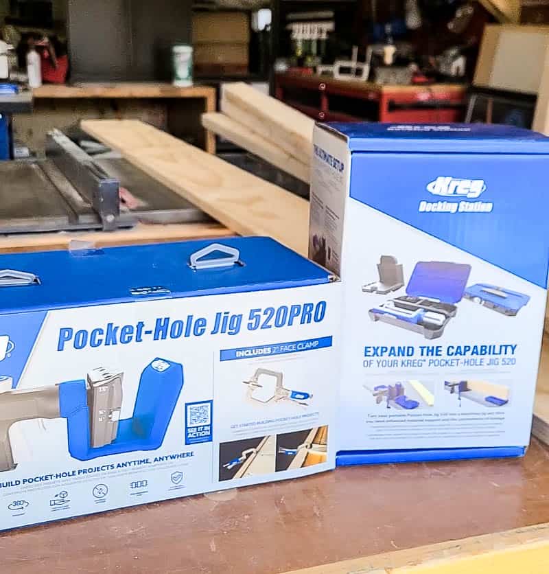 Boxes of Kreg 720Pro pocket hole jig and docking station side by side on the table
