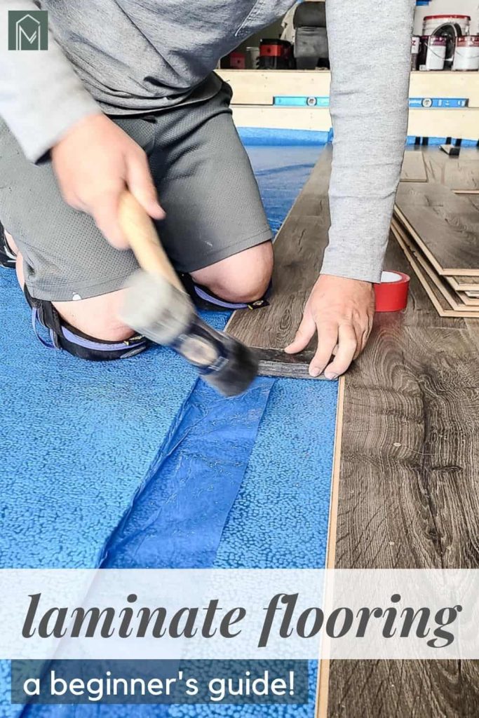 Man holding flooring mallet attaching laminate floor with text overlay that says laminate flooring a beginner's guide