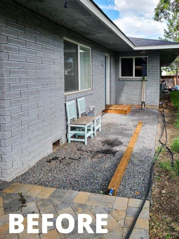 Before view of the backyard with gravel and concrete deck