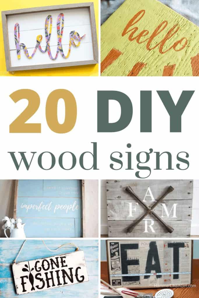 Collage of different wood sign projects with text overlay that says 20 DIY wood signs