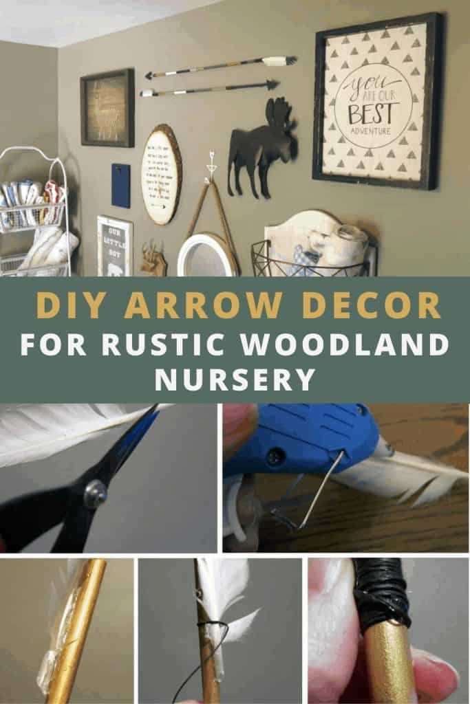 Before and after the diy wood arrow decor with text overlay that says diy arrow decor for rustic woodland nursery