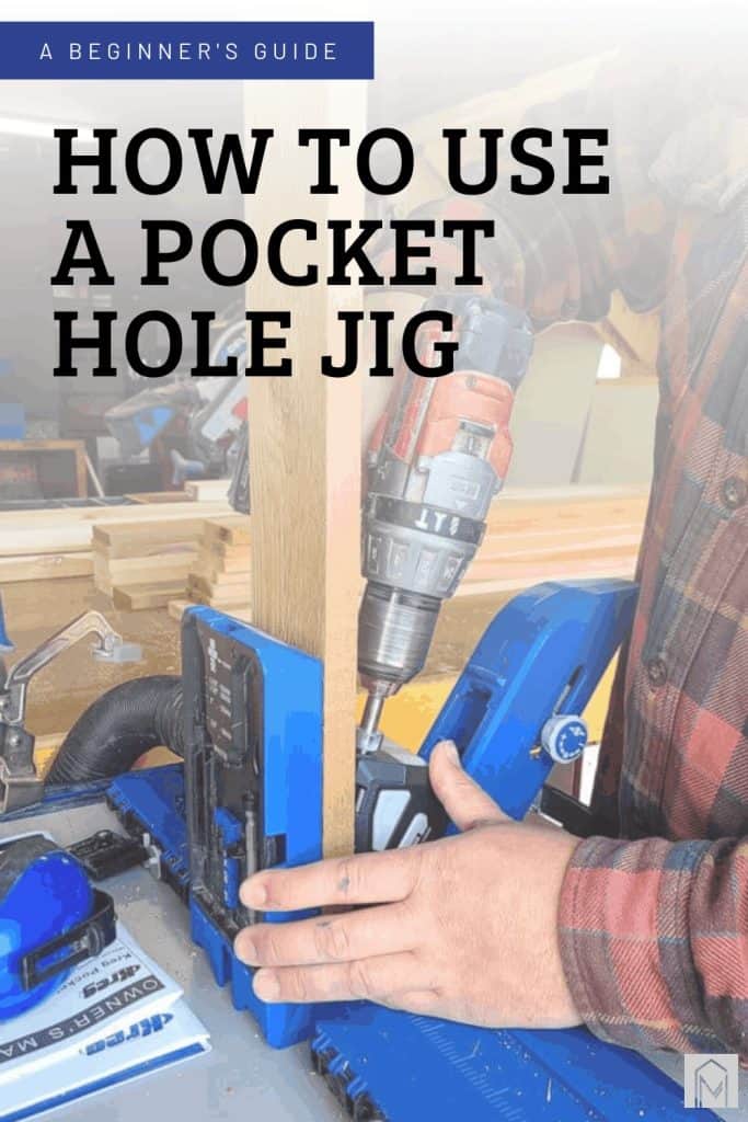 Man drilling a wood using pocket hole jig on the table with text overlay that says how to use a pocket hole jig
