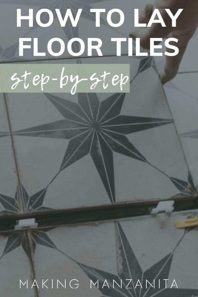 Attaching tiles to the floor with text overlay that says how to lay floor tiles step by step