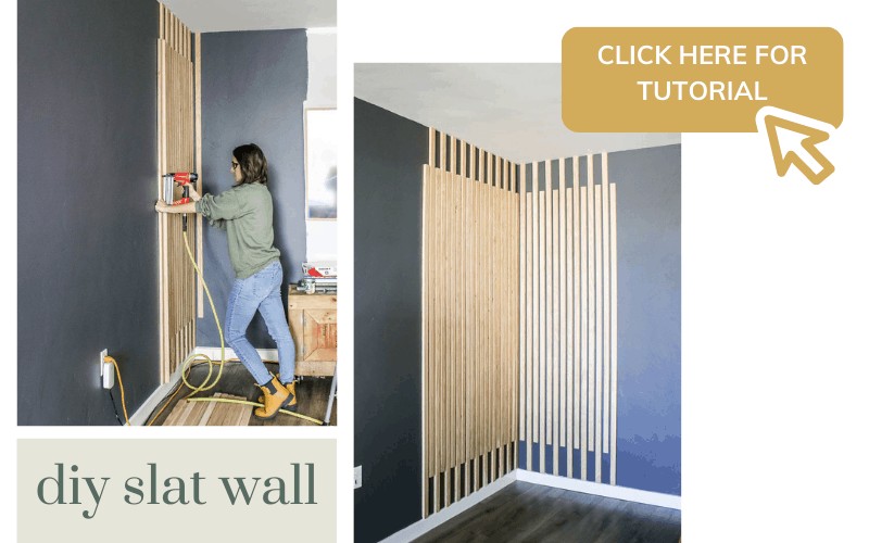Image collage of woman adding wood slats to wall in modern boho living room and image of finished DIY slat wall with text overlay "Click here for tutorial"