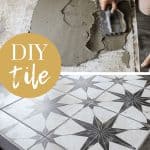 Collage of man putting mortar on the floor and finished format tiles laid on the floor with text overlay that says DIY tile